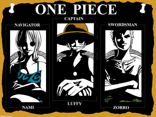 Anime picture 1600x1200 with one piece toei animation nami (one piece) monkey d. luffy roronoa zoro short hair smile multiple boys copyright name character names scar crossed arms framed girl boy hat 2 boys straw hat