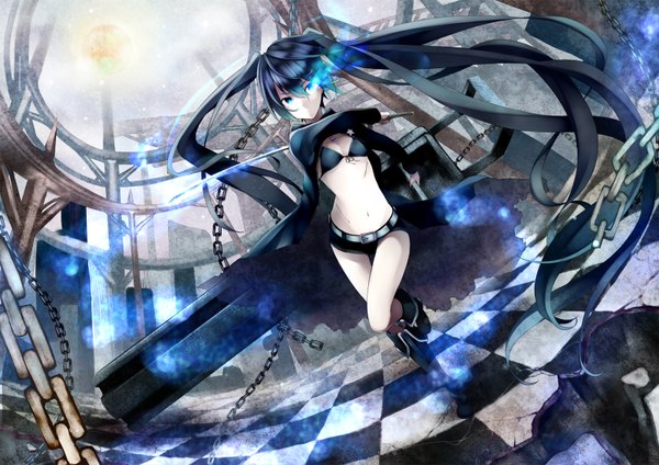 Anime picture 1600x1132 with black rock shooter black rock shooter (character) retsuna single long hair looking at viewer blue eyes black hair twintails glowing scar glowing eye (eyes) checkered floor girl navel weapon sword shorts boots katana