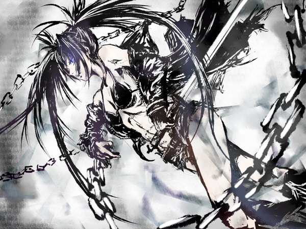 Anime picture 1600x1200 with black rock shooter black rock shooter (character) poker-face-008 single long hair blue eyes black hair twintails bare shoulders off shoulder glowing monochrome glowing eye (eyes) girl weapon sword shorts katana chain bikini top