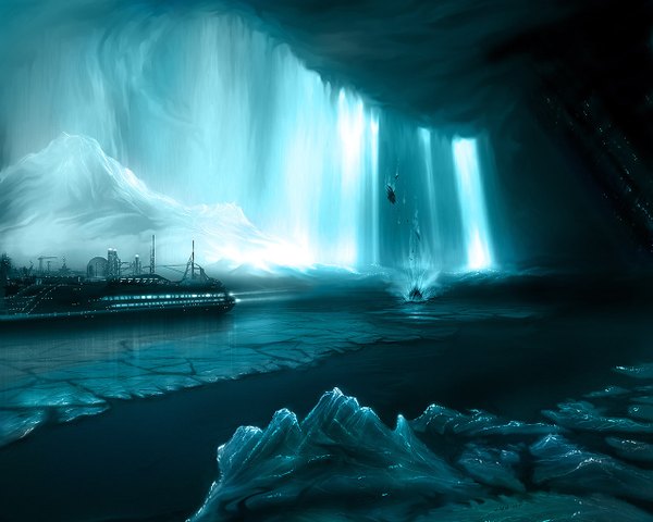 Anime picture 1280x1024 with landscape water watercraft ice ship cave iceberg