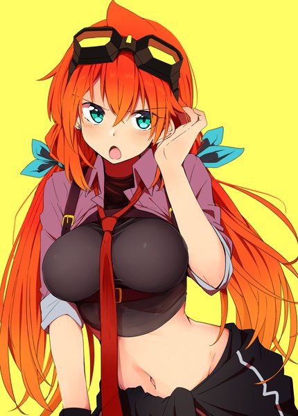 Anime picture 2056x2871 with original amano tora kazenoko single long hair tall image looking at viewer blush fringe highres breasts open mouth light erotic simple background hair between eyes large breasts twintails aqua eyes orange hair :o