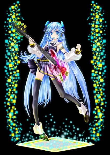 Anime picture 1290x1822 with vocaloid ring suzune r0g0b0 single long hair tall image blue eyes blue hair girl thighhighs black thighhighs detached sleeves guitar