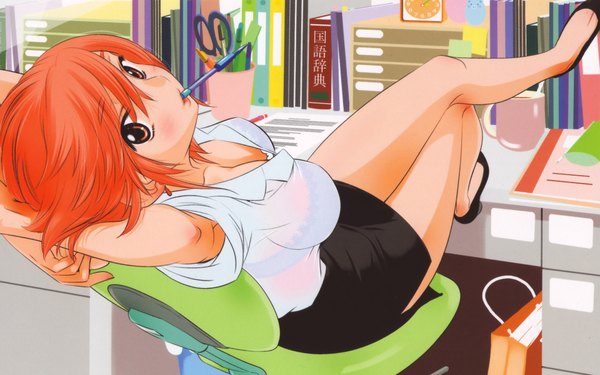 Anime picture 1920x1200 with kodomo no jikan houin kyouko watashiya kaworu single blush highres short hair light erotic wide image orange hair armpit (armpits) orange eyes girl skirt miniskirt book (books) chair clock mug pen