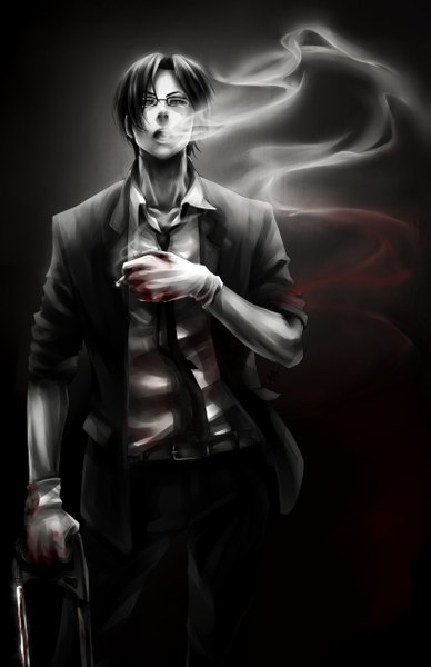 Anime picture 1632x2521 with original lorenamgrim single tall image looking at viewer short hair open mouth black hair simple background holding brown eyes black background smoke open collar smoking twisty sleeves boy gloves glasses necktie