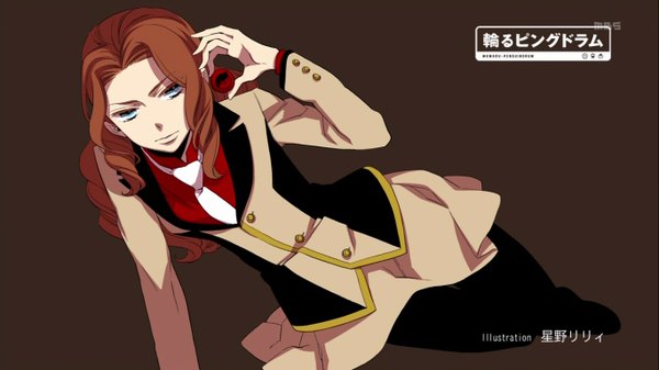 Anime picture 1366x768 with mawaru penguindrum natsume masako tagme (artist) single long hair looking at viewer blue eyes simple background brown hair wide image drill hair reclining end card girl skirt necktie