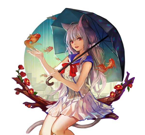 Anime picture 2000x1871 with original ddongu single long hair highres open mouth red eyes white background animal ears white hair tail animal tail cat ears cat girl cat tail girl flower (flowers) animal umbrella fish (fishes)