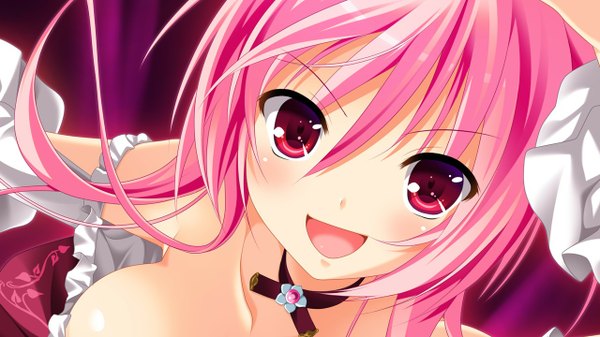 Anime picture 1280x720 with gensou no idea nanami naru makita maki single long hair looking at viewer blush smile red eyes wide image bare shoulders pink hair game cg girl