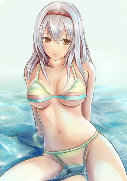 Anime picture 703x1000 with sennen sensou aigis nannacy7 single long hair tall image looking at viewer blush breasts light erotic sitting brown eyes silver hair bare belly midriff girl navel swimsuit bikini water hairband