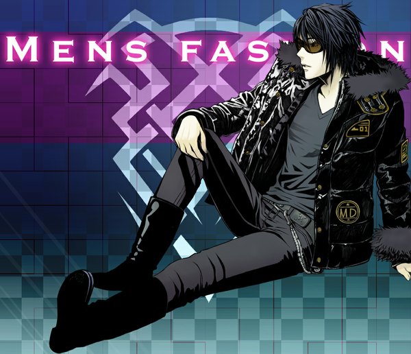 Anime picture 1045x900 with original chimachi single short hair black hair sitting black eyes inscription glowing checkered checkered background boy glasses jacket belt fur hood thigh boots sunglasses t-shirt