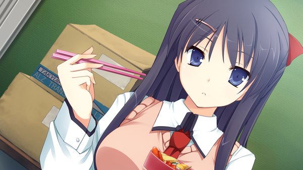 Anime picture 2560x1440 with shunki gentei poco a poco yuki natsume mutou kurihito single long hair looking at viewer highres blue eyes black hair wide image game cg girl uniform school uniform food bobby pin chopsticks obento