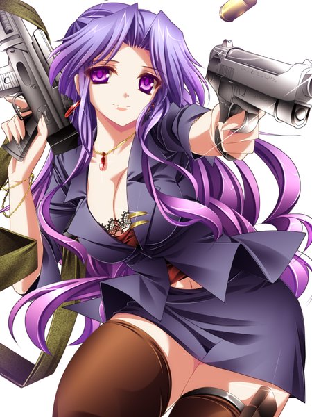 Anime picture 1200x1600 with original moneti (daifuku) single long hair tall image looking at viewer simple background white background purple eyes purple hair girl thighhighs skirt weapon black thighhighs earrings miniskirt gun pendant suit