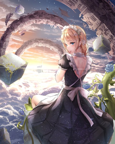 Anime picture 3000x3750 with original suigetsu (hjs1106) single long hair tall image blush fringe highres blue eyes blonde hair sitting looking away sky cloud (clouds) braid (braids) looking back from behind short sleeves maid puffy sleeves