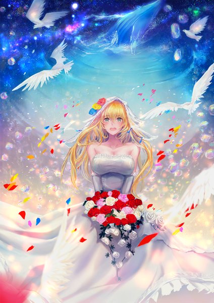 Anime picture 1414x2000 with original syozui single long hair tall image fringe breasts open mouth blonde hair large breasts standing bare shoulders sky sleeveless happy flying wedding girl dress flower (flowers)