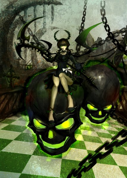 Anime picture 2150x3024 with black rock shooter dead master bsl single long hair tall image highres brown hair sitting green eyes glowing checkered floor girl dress weapon choker chain skull spear
