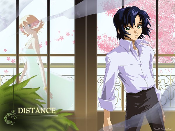 Anime picture 1600x1200 with gundam seed athrun zala cagalli yula athha looking at viewer fringe short hair blonde hair standing brown eyes green eyes signed blue hair looking back walking girl dress boy flower (flowers) plant (plants) shirt