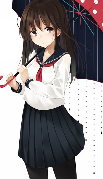 Anime picture 600x1036 with original netarou single long hair tall image looking at viewer black hair simple background red eyes white background girl skirt uniform serafuku umbrella