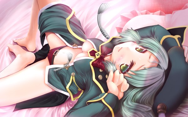 Anime picture 1920x1200 with gizensha single long hair looking at viewer blush highres breasts open mouth light erotic green eyes blue hair bare legs girl dress underwear panties