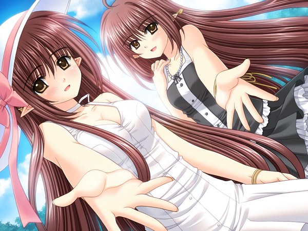Anime picture 1024x768 with shuffle! lisianthus kikyou (shuffle) long hair blush brown hair multiple girls brown eyes game cg pointy ears outstretched arm girl 2 girls hat sundress