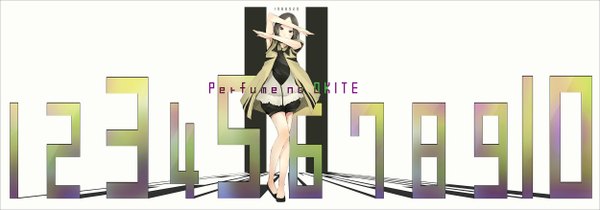 Anime picture 2500x875 with perfume (group) ayano omoto (nocchi) yoshito (u10) single highres short hair brown hair wide image brown eyes inscription girl shorts