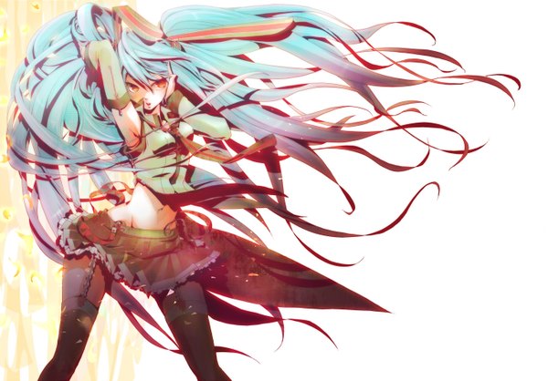 Anime picture 1432x1000 with vocaloid hatsune miku plastick single long hair open mouth white background twintails very long hair wind aqua hair orange eyes girl thighhighs skirt ribbon (ribbons) detached sleeves miniskirt