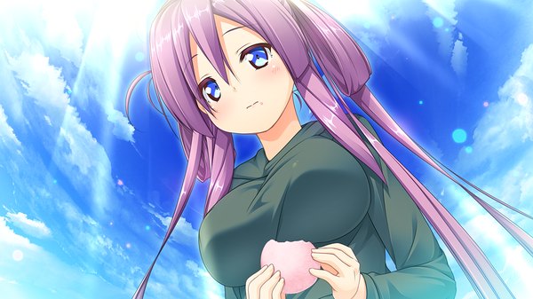 Anime picture 1280x720 with harvest overray giga kyougetsu mochiko single long hair blush breasts blue eyes wide image large breasts looking away game cg sky purple hair cloud (clouds) eating hair rings girl food sweets