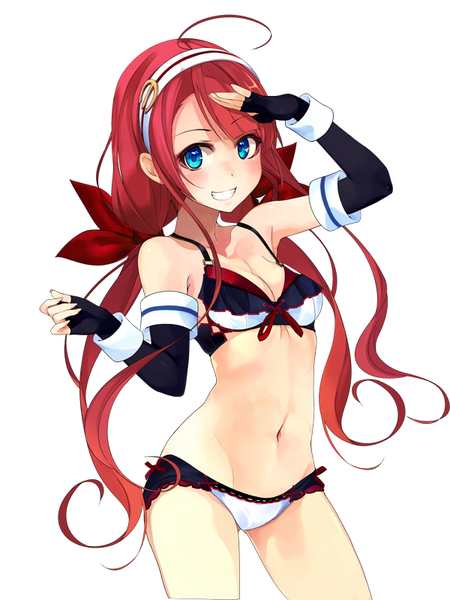 Anime picture 600x800 with kantai collection kawakaze (kantai collection) shirokitsune single long hair tall image looking at viewer blush breasts blue eyes light erotic simple background smile white background twintails ahoge red hair underwear only low twintails groin