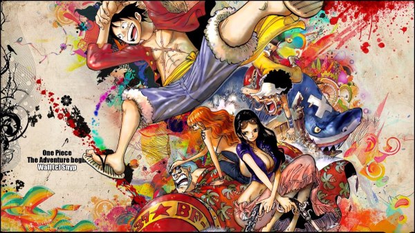 Anime picture 2400x1350 with one piece toei animation nami (one piece) monkey d. luffy nico robin usopp franky snyp (r0pyns) long hair highres short hair breasts open mouth light erotic black hair smile wide image large breasts sitting multiple girls
