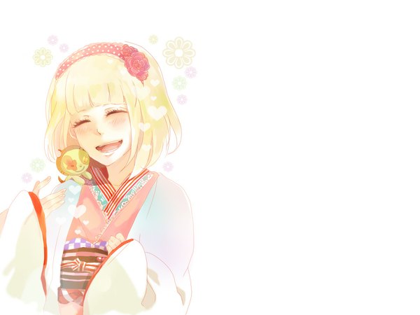 Anime picture 1024x768 with ao no exorcist a-1 pictures moriyama shiemi nii (ao no exorcist) blush short hair open mouth simple background blonde hair white background eyes closed traditional clothes hair flower demon girl hair ornament