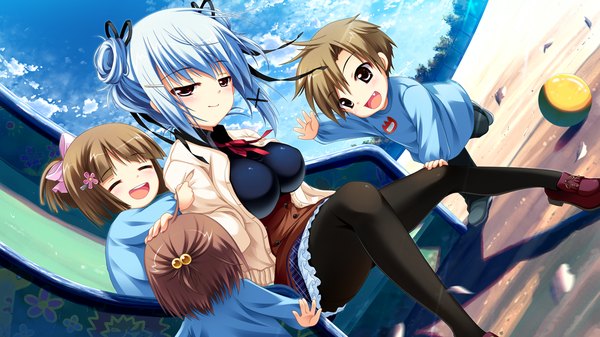 Anime picture 1280x720 with asa project ren'ai 0 kilometer kinomoto hana yuunagi seshina short hair red eyes brown hair wide image blue hair game cg girl child (children)