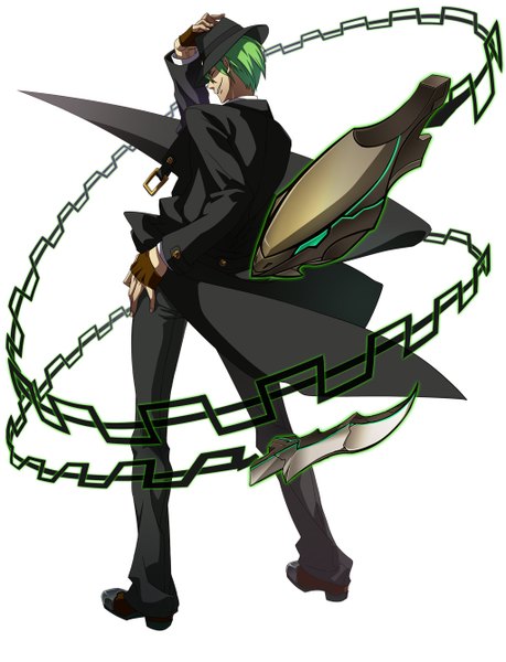 Anime picture 1024x1339 with blazblue hazama single tall image highres short hair open mouth simple background smile white background game cg eyes closed green hair boy weapon hat cloak suit
