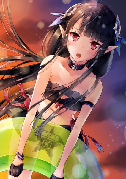 Anime picture 926x1309 with phantasy star phantasy star online 2 sega anette (pso2) yoshida iyo single long hair tall image looking at viewer blush fringe open mouth light erotic black hair red eyes holding blunt bangs wind pointy ears transparent