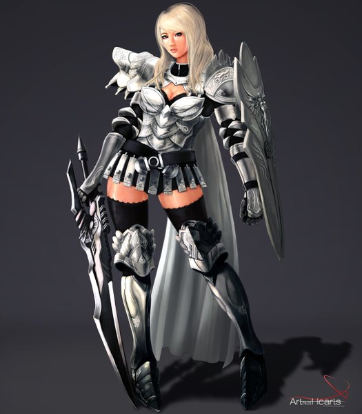 Anime picture 1126x1286 with original edward montenegro long hair tall image looking at viewer blue eyes simple background blonde hair white hair grey background shadow girl weapon sword armor cloak shield