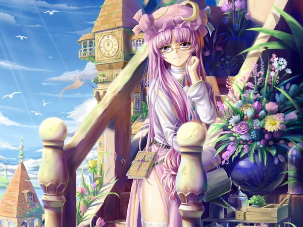 Anime picture 1600x1200 with touhou patchouli knowledge saber 01 single long hair purple eyes purple hair girl flower (flowers) plant (plants) hat animal glasses bird (birds) book (books) stairs tower