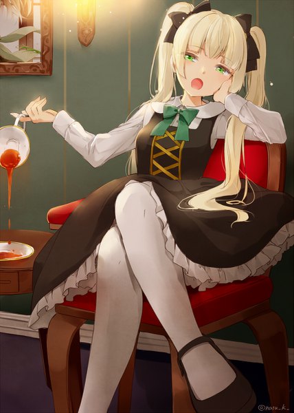 Anime picture 857x1200 with original hazuki natsu single long hair tall image looking at viewer fringe open mouth blonde hair sitting twintails holding green eyes signed indoors long sleeves arm support twitter username crossed legs light