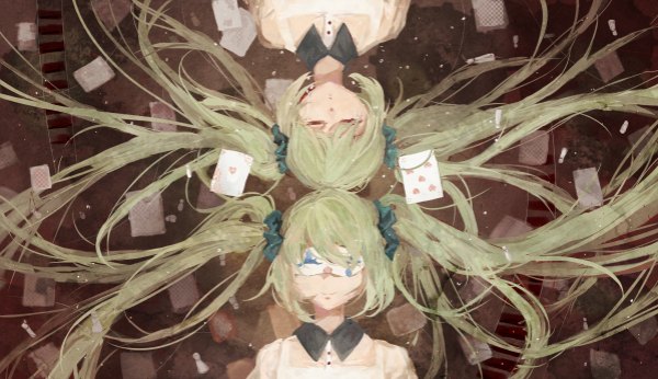 Anime picture 1198x692 with vocaloid karakuri pierrot (vocaloid) hatsune miku long hair fringe wide image twintails lying eyes closed light smile from above aqua hair on back alternate costume dual persona girl hair ornament shirt card (cards)