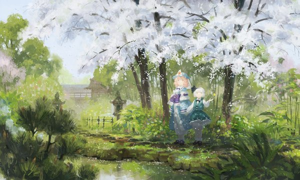 Anime picture 1825x1100 with touhou konpaku youmu saigyouji yuyuko myon seeker blush highres short hair smile wide image multiple girls green eyes signed pink hair white hair traditional clothes japanese clothes pink eyes cherry blossoms ghost