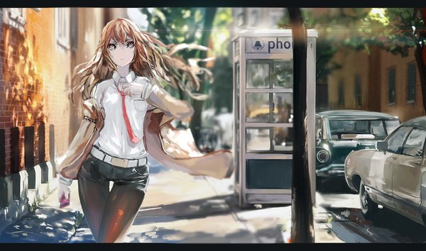 Anime picture 2200x1300 with steins;gate white fox makise kurisu 5esrs single long hair looking at viewer highres brown hair wide image sunlight grey eyes girl plant (plants) shirt pantyhose tree (trees) necktie jacket shorts