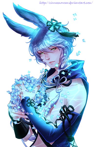 Anime picture 538x840 with original cinnamonsao single tall image short hair light erotic simple background white background holding green eyes signed animal ears blue hair purple hair head tilt multicolored hair bunny ears wavy hair gradient hair topless
