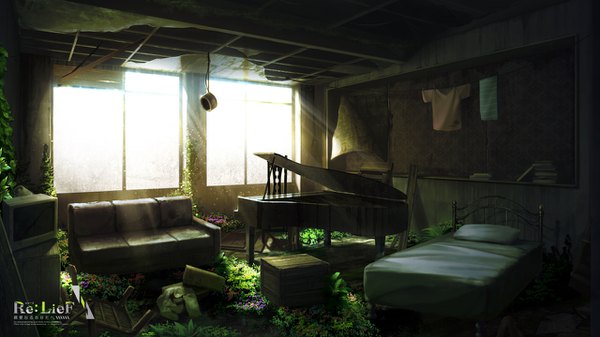 Anime picture 1280x720 with re:lief ebisutaro wide image sunlight inscription copyright name no people sunbeam broken abandoned flower (flowers) plant (plants) window pillow book (books) bed couch musical instrument piano television