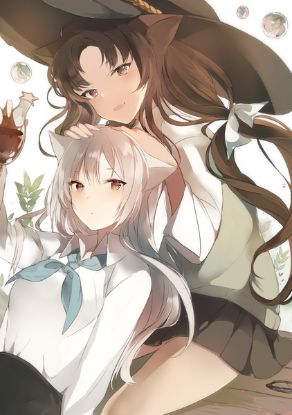 Anime picture 679x966 with original lpip long hair tall image looking at viewer fringe open mouth smile brown hair multiple girls brown eyes animal ears silver hair upper body pleated skirt cat ears cat girl leaning leaning forward low ponytail