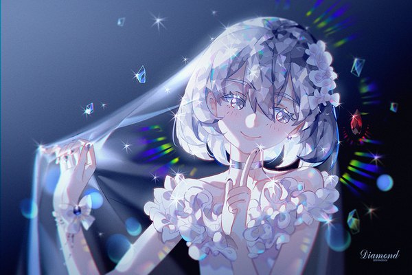 Anime picture 1000x668 with houseki no kuni diamond (houseki no kuni) instockee single blush fringe short hair smile hair between eyes looking away silver hair nail polish head tilt off shoulder character names gradient background finger to mouth frilled dress silver eyes androgynous