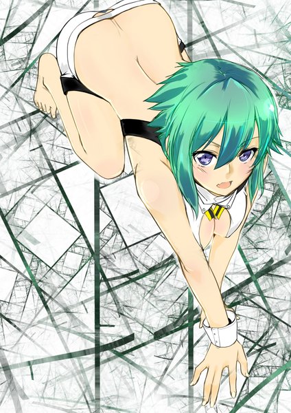 Anime picture 1653x2338 with aquarion (series) aquarion evol satelight zessica wong tagme (artist) single tall image highres short hair breasts light erotic purple eyes bare shoulders barefoot green hair on all fours girl wrist cuffs