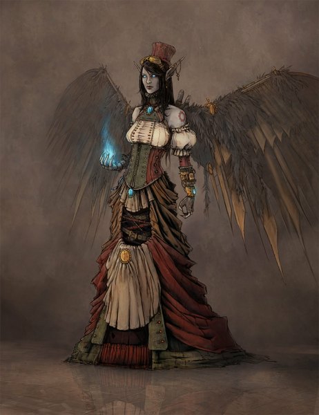 Anime picture 1232x1600 with league of legends morgana (league of legends) single long hair tall image blue eyes black hair pointy ears tattoo puffy sleeves underbust steam punk girl dress gloves hat wings glasses goggles corset