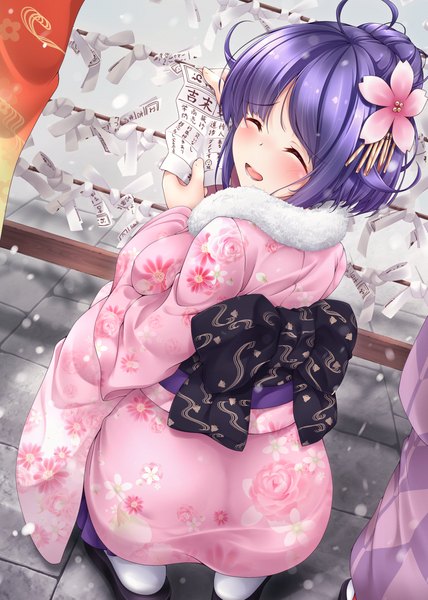 Anime picture 1320x1850 with kantai collection taigei light aircraft carrier utahane w single tall image blush short hair open mouth purple hair ahoge eyes closed traditional clothes japanese clothes looking back from above dutch angle floral print snowing winter girl