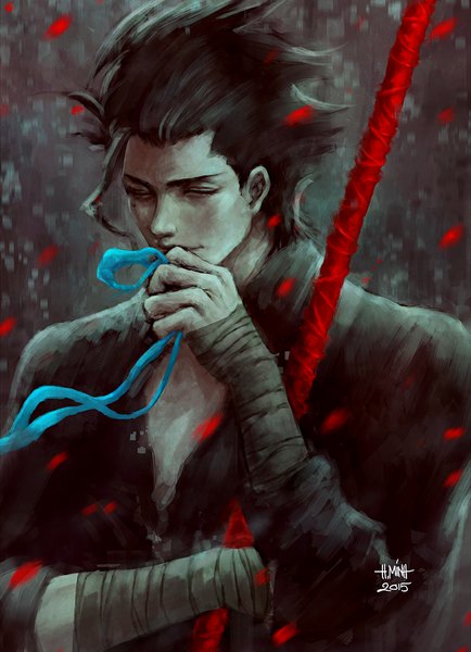 Anime picture 850x1174 with fate (series) fate/stay night fate/zero type-moon diarmuid ua duibhne (lancer) (fate) nanfe single tall image black hair holding signed light smile wind lips mole mole under eye dated thinking boy ribbon (ribbons)