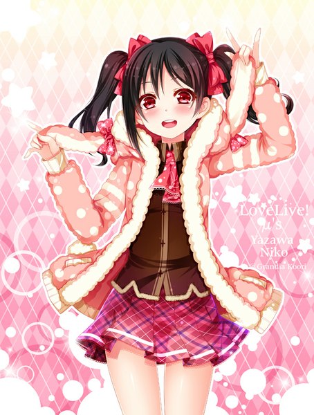 Anime picture 606x800 with love live! school idol project sunrise (studio) love live! yazawa nico grandia bing single long hair tall image looking at viewer blush open mouth black hair red eyes twintails open jacket copyright name plaid skirt mmm girl skirt