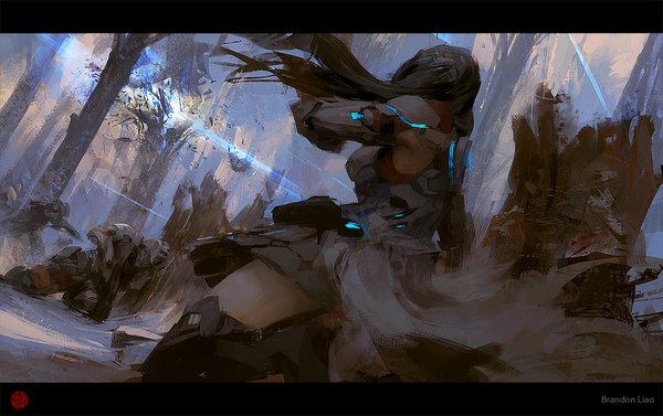 Anime picture 1024x644 with madspartan013 long hair black hair standing wind glowing light destruction broken explosion girl armor armored dress