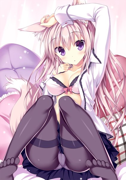 Anime picture 703x1000 with original tateha (marvelous grace) single long hair tall image looking at viewer blush breasts light erotic brown hair purple eyes animal ears tail animal tail pantyshot fox ears fox tail fox girl girl underwear