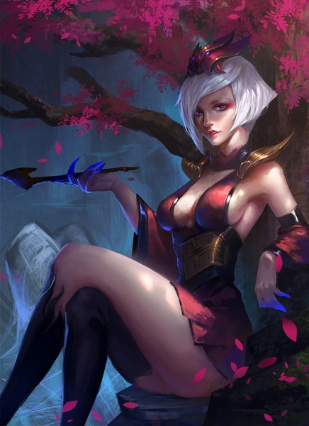 Anime picture 1453x2000 with league of legends elise (league of legends) x.four single tall image looking at viewer short hair breasts blue eyes light erotic sitting white hair realistic crossed legs girl skirt hair ornament plant (plants) detached sleeves miniskirt