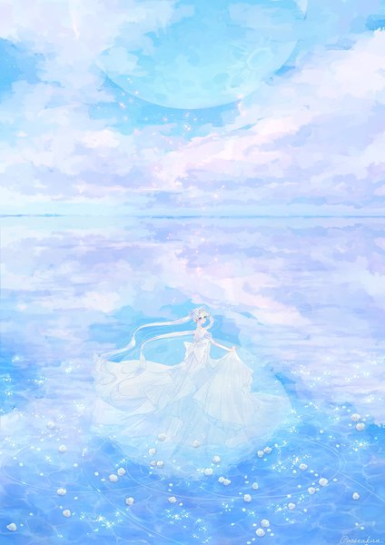 Anime picture 1448x2048 with bishoujo senshi sailor moon toei animation tsukino usagi princess serenity aose akira single tall image blue eyes twintails sky silver hair cloud (clouds) white hair looking back sparkle hair bun (hair buns) turning head reflection bare back forehead mark
